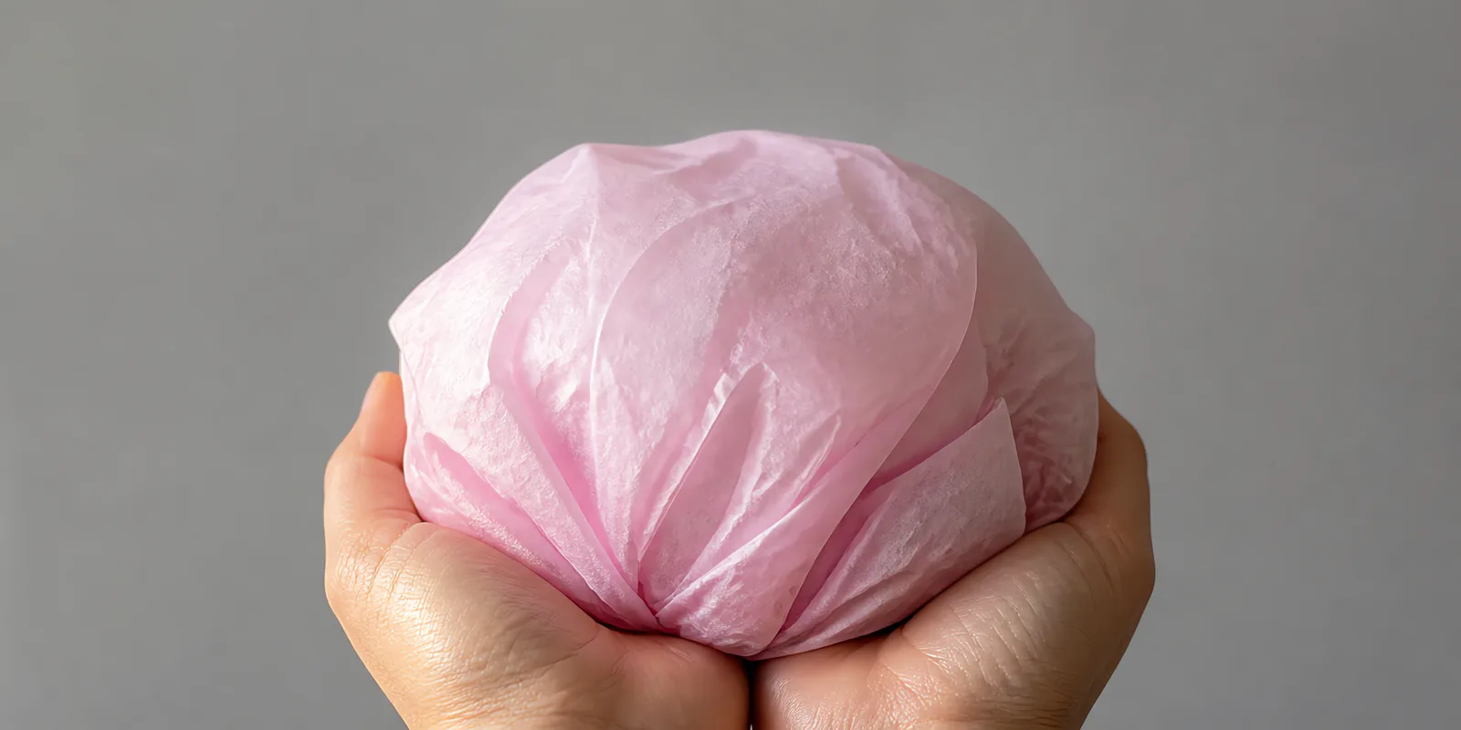Manos sosteniendo desde abajo un envoltorio de papel seda rosa pastel