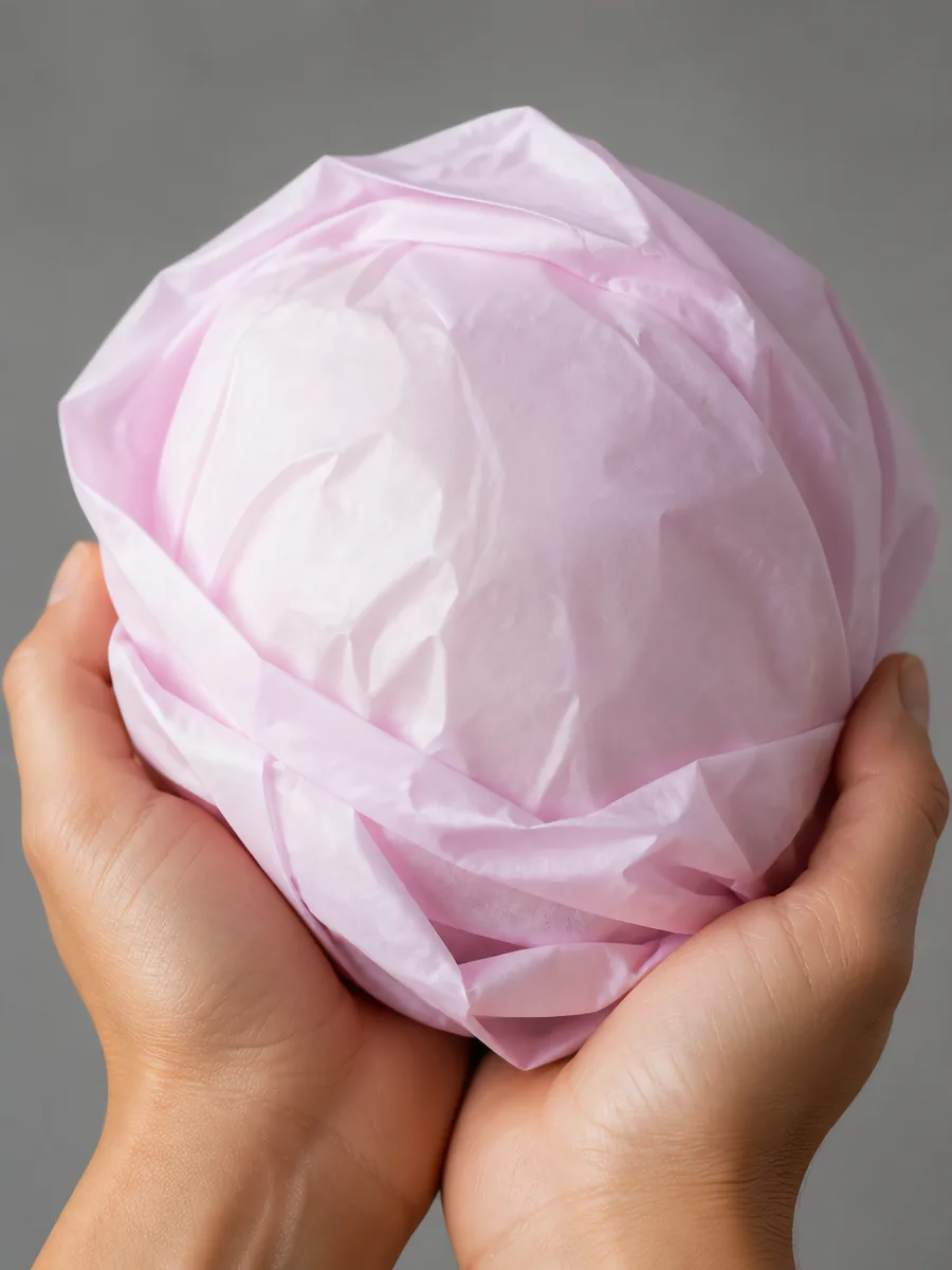 Manos sosteniendo desde abajo un envoltorio de papel seda rosa perlado
