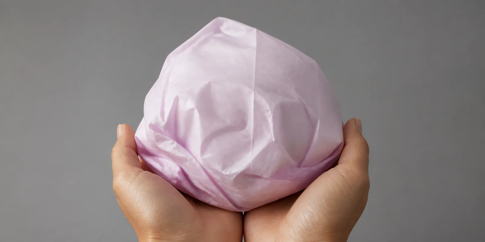 Manos sosteniendo desde abajo un envoltorio de papel seda rosa perlado