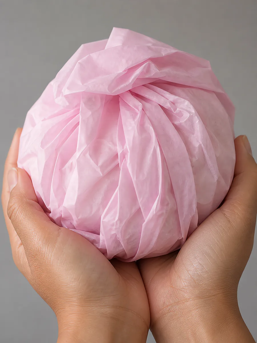 Manos sosteniendo desde abajo un envoltorio de papel seda rosa