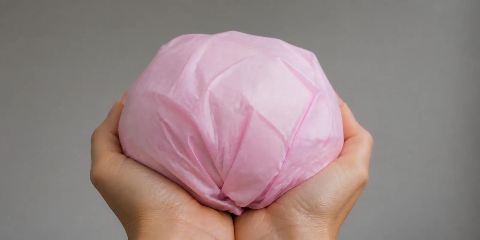 Manos sosteniendo desde abajo un envoltorio de papel seda rosa