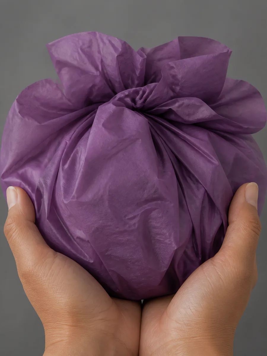 Manos sosteniendo desde abajo un envoltorio de papel seda ultravioleta