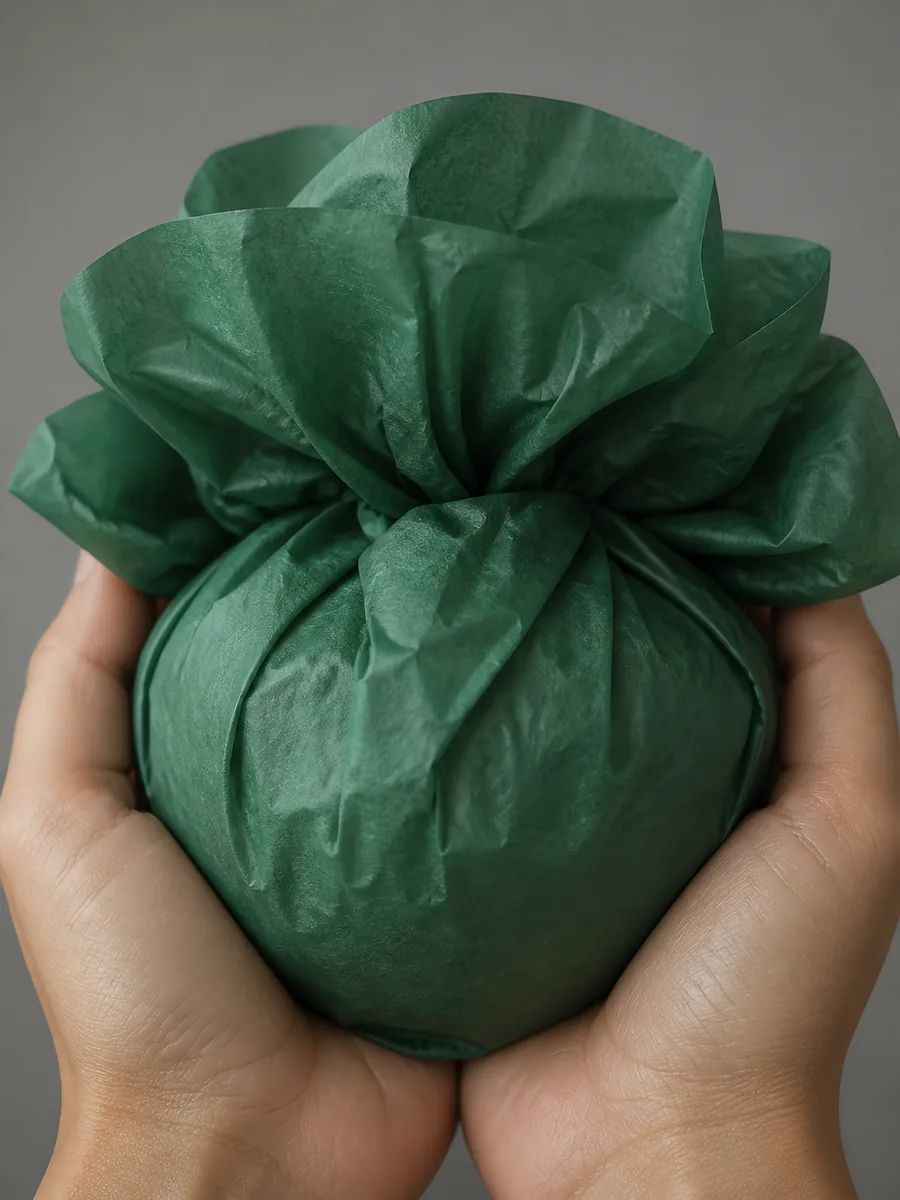 Manos sosteniendo desde abajo un envoltorio de papel seda verde azulado