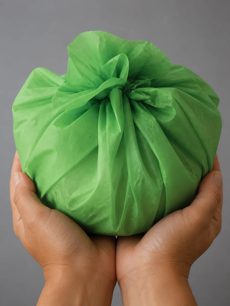 Manos sosteniendo desde abajo un envoltorio de papel seda verde manzana