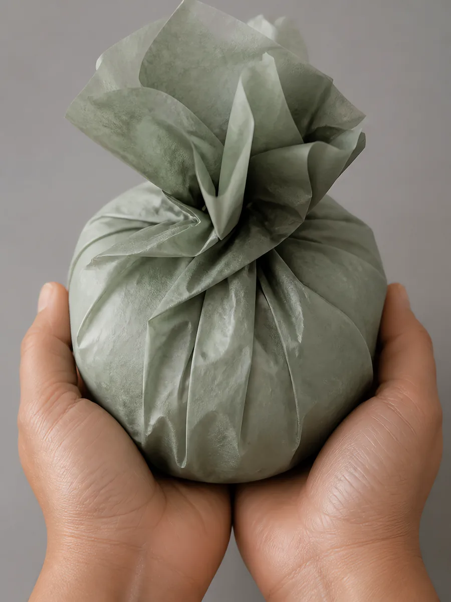 Manos sosteniendo desde abajo un envoltorio de papel seda verde musgo