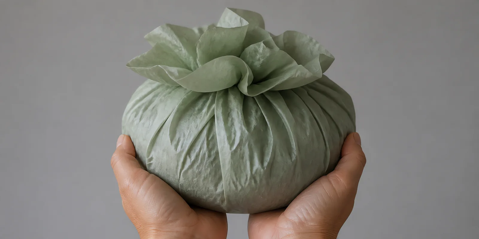 Manos sosteniendo desde abajo un envoltorio de papel seda verde musgo