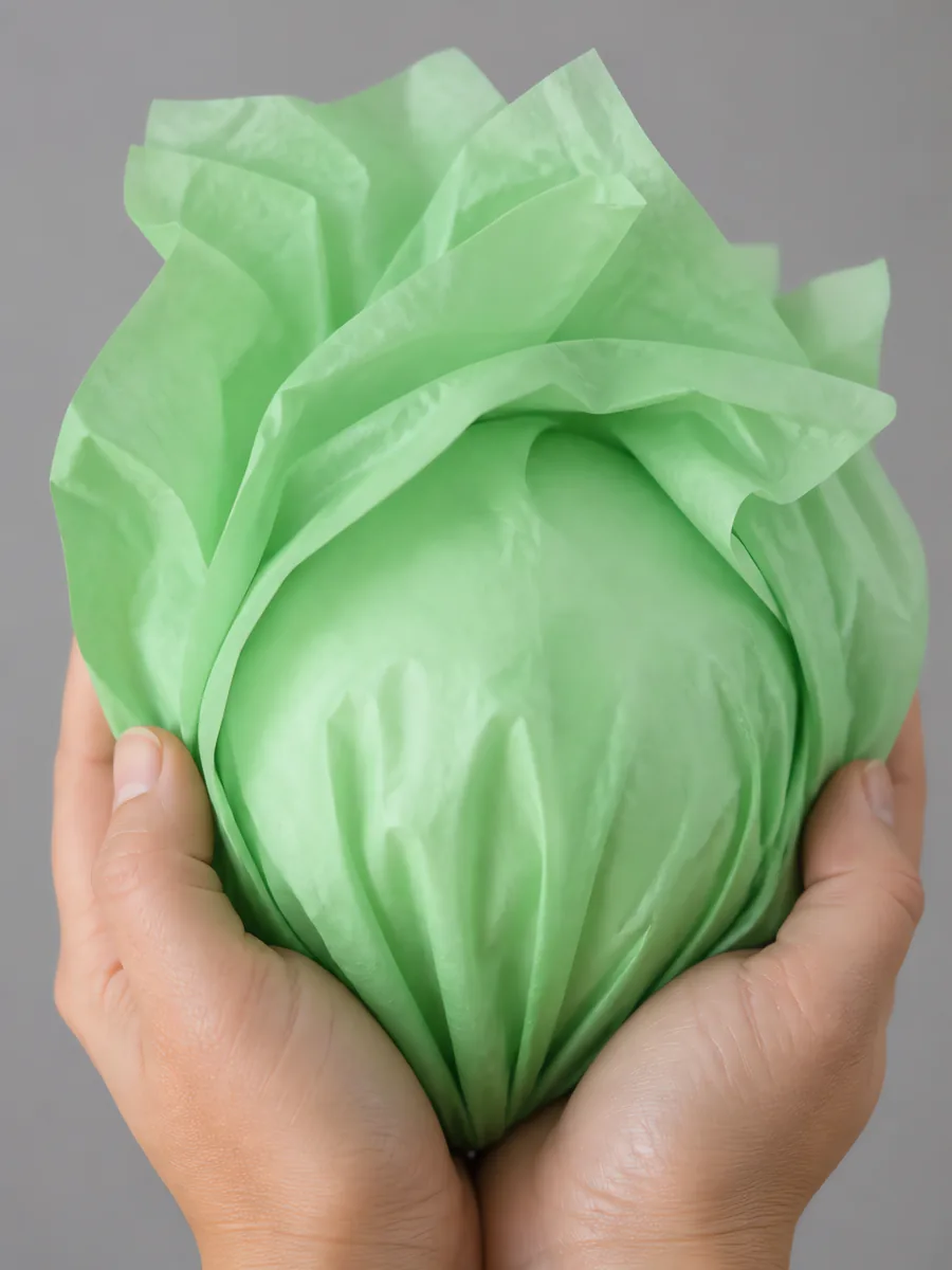 Manos sosteniendo desde abajo un envoltorio de papel seda verde pálido