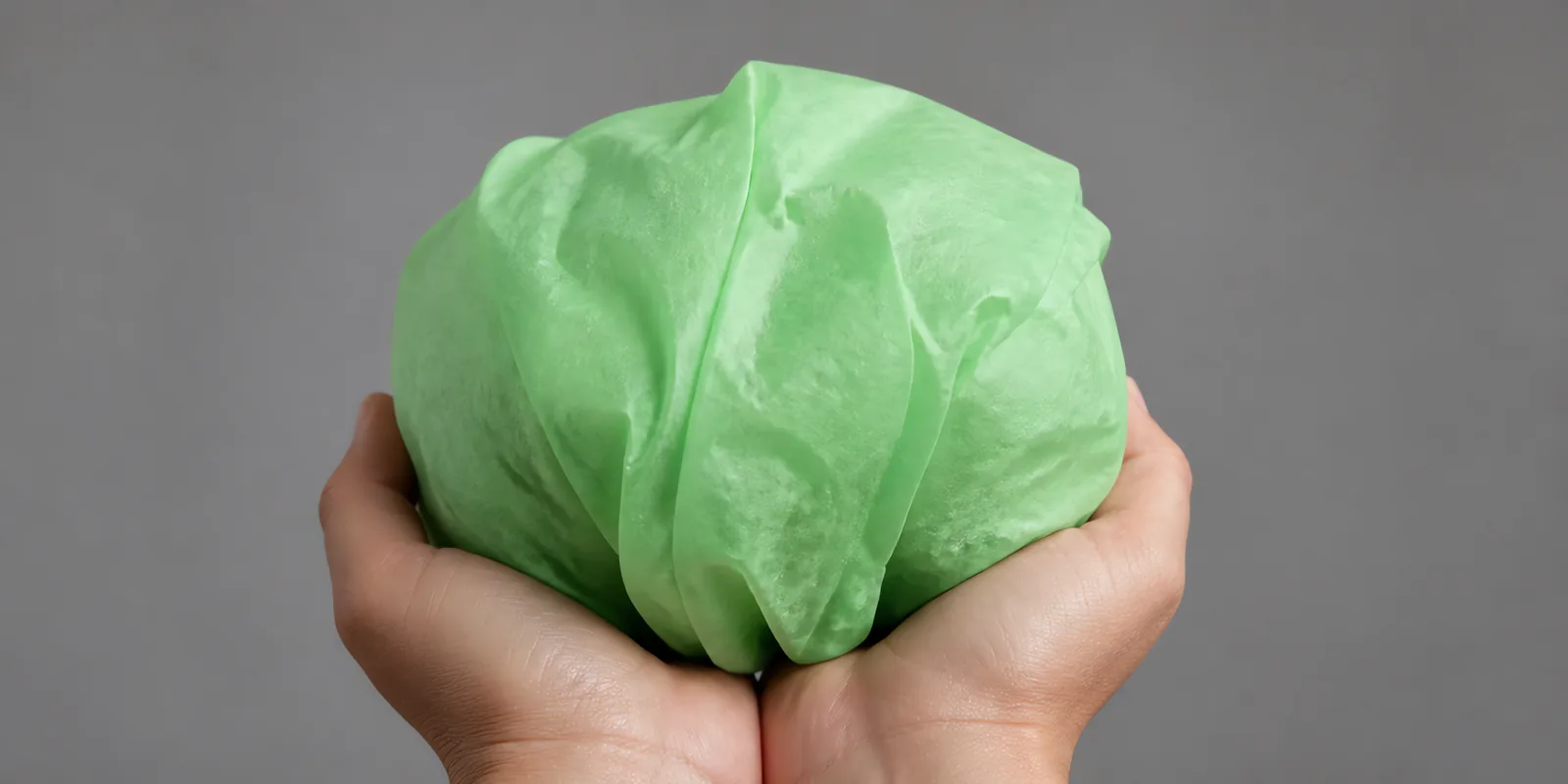 Manos sosteniendo desde abajo un envoltorio de papel seda verde pálido