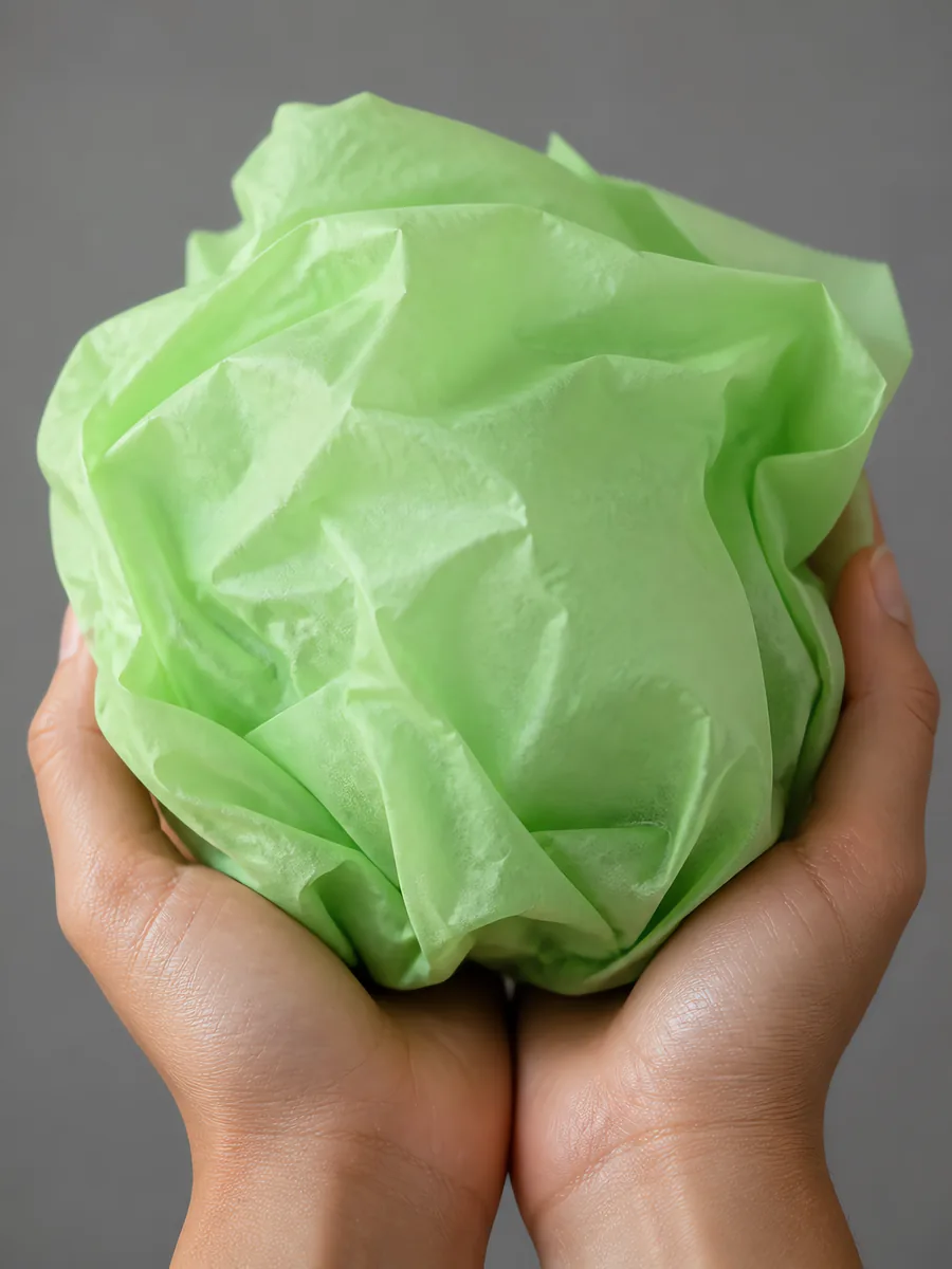 Manos sosteniendo desde abajo un envoltorio de papel seda verde pastel