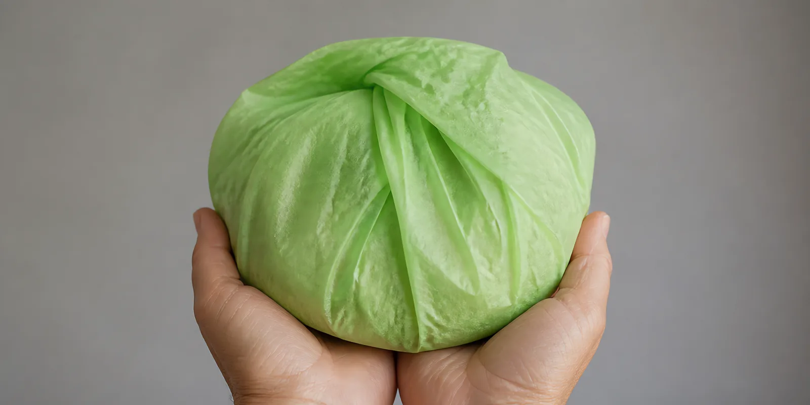 Manos sosteniendo desde abajo un envoltorio de papel seda verde pastel