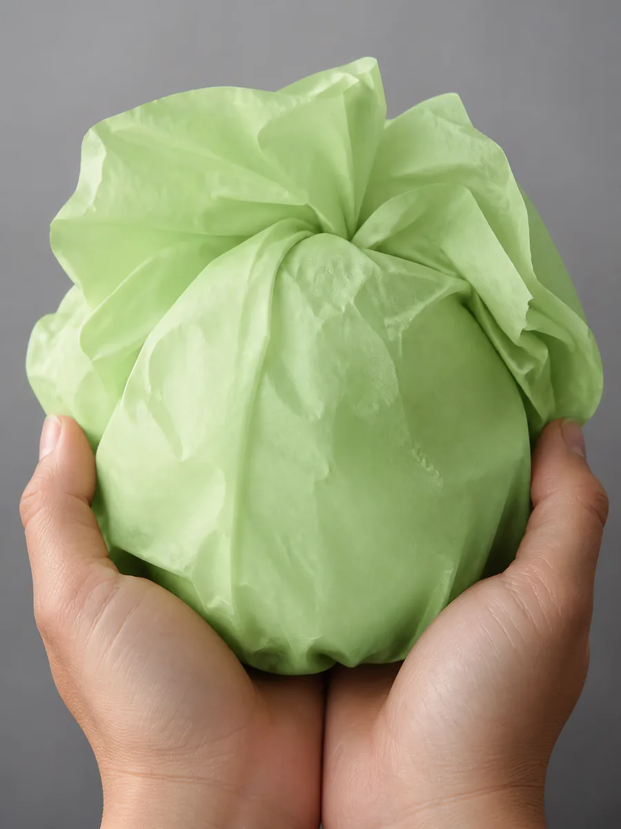 Manos sosteniendo desde abajo un envoltorio de papel seda verde perlado