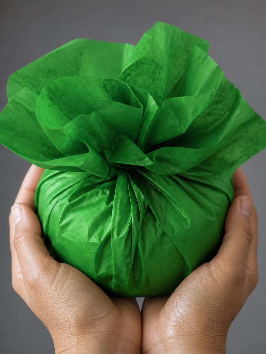 Manos sosteniendo desde abajo un envoltorio de papel seda verde