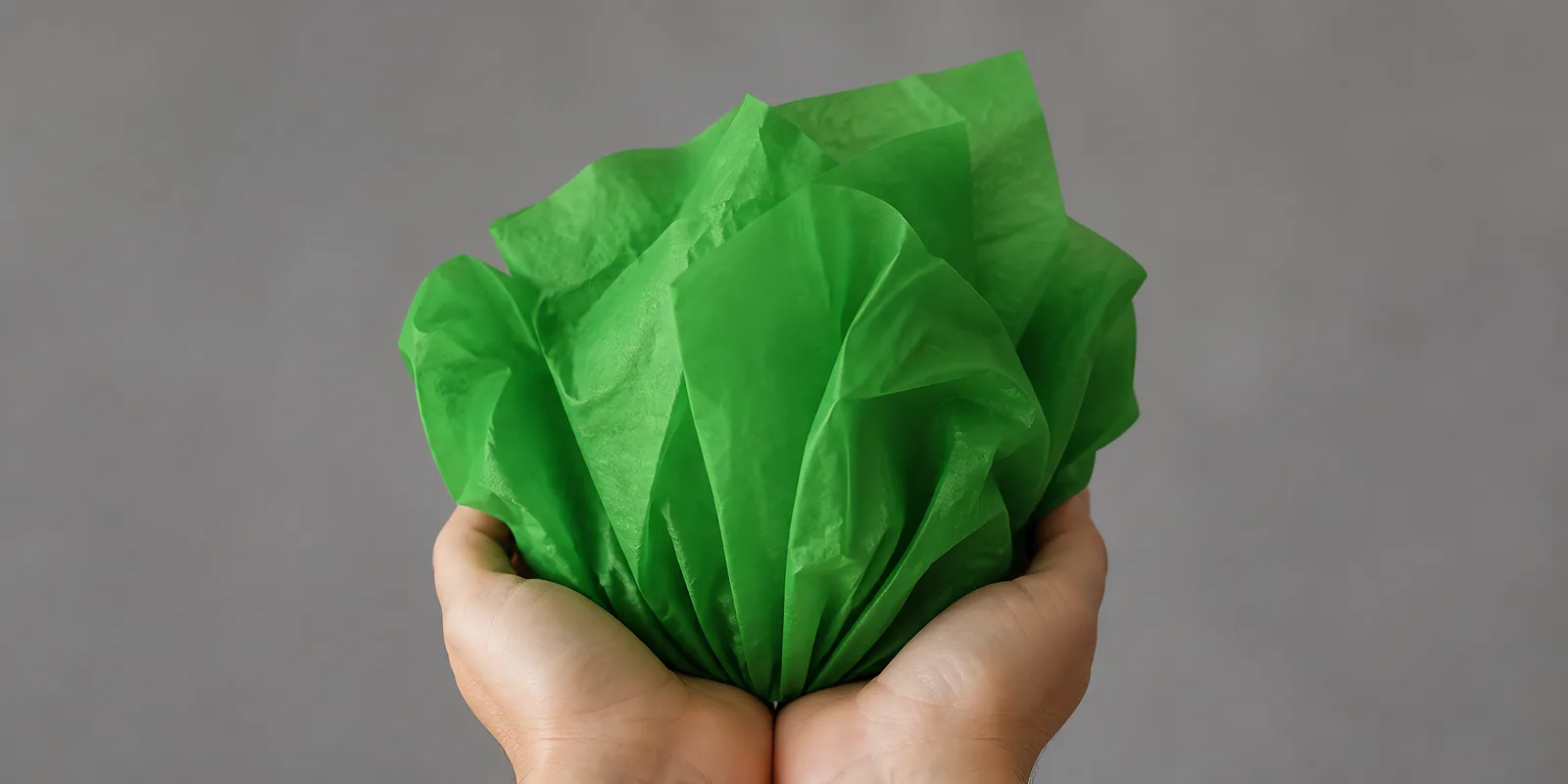 Manos sosteniendo desde abajo un envoltorio de papel seda verde