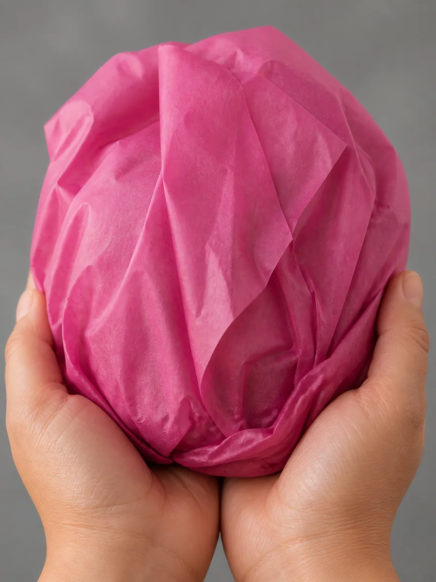 Manos sosteniendo desde abajo un envoltorio de papel seda violeta rosáceo