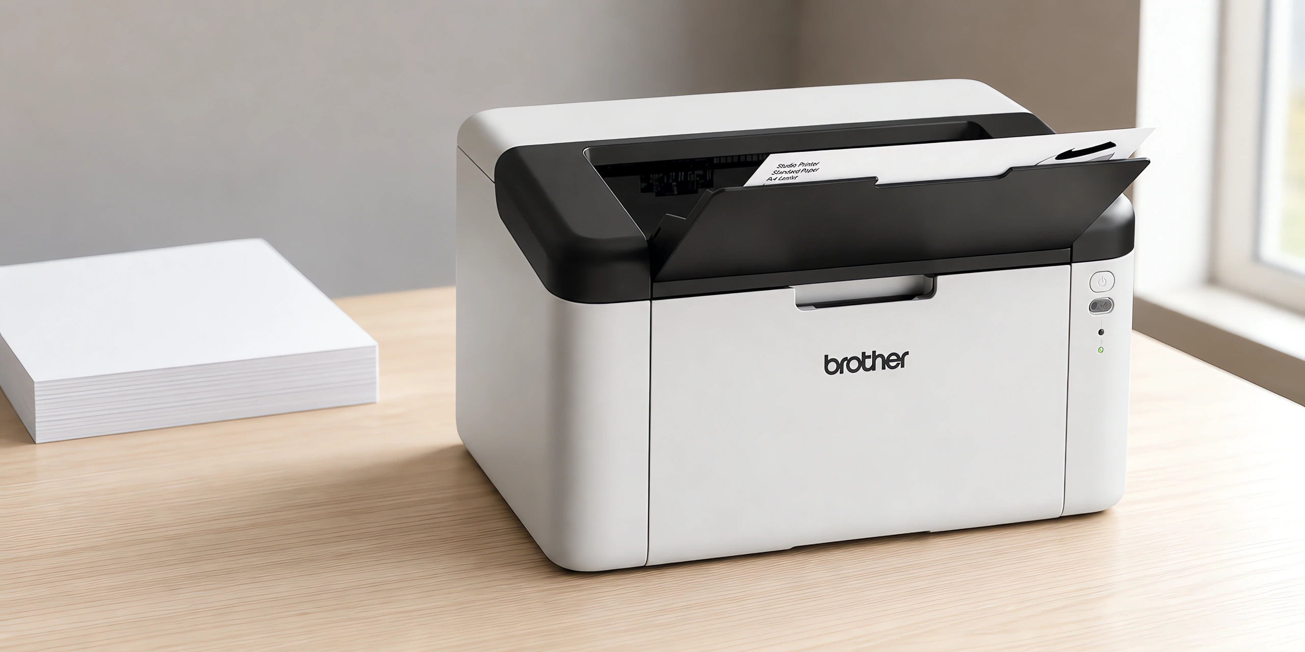 Impresora Brother HL-1200 sobre un escritorio de roble claro en una oficina luminosa.