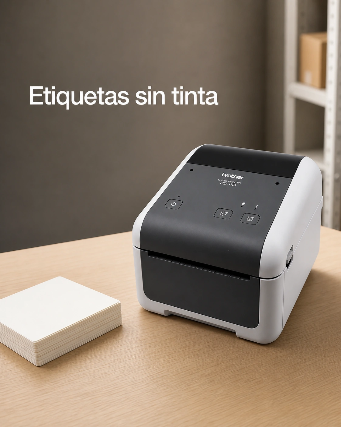 Impresora de etiquetas Brother TD-4410D sobre un escritorio de roble claro, encuadre vertical.