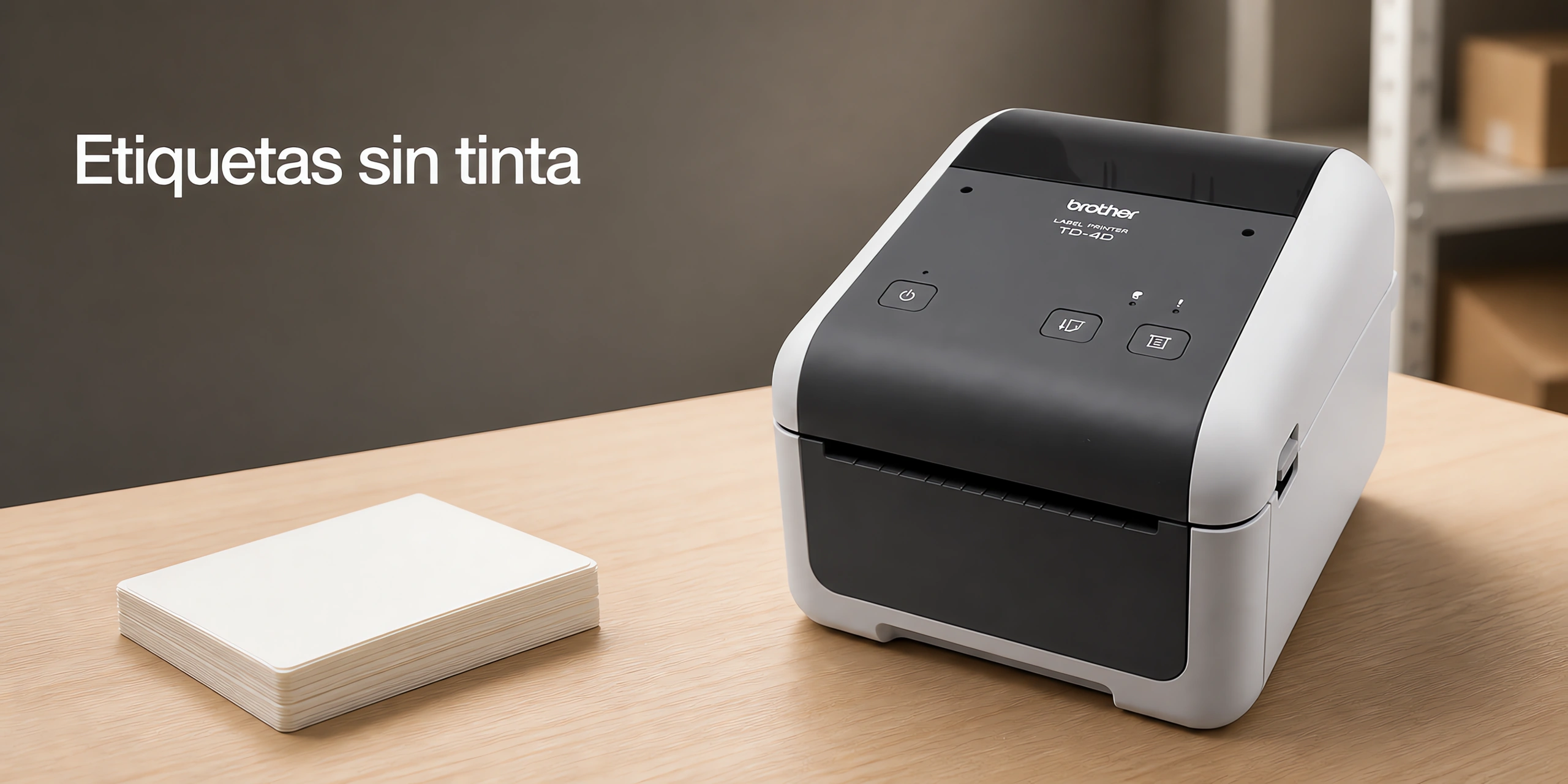 Impresora de etiquetas Brother TD-4410D sobre un escritorio de roble claro en una oficina luminosa.
