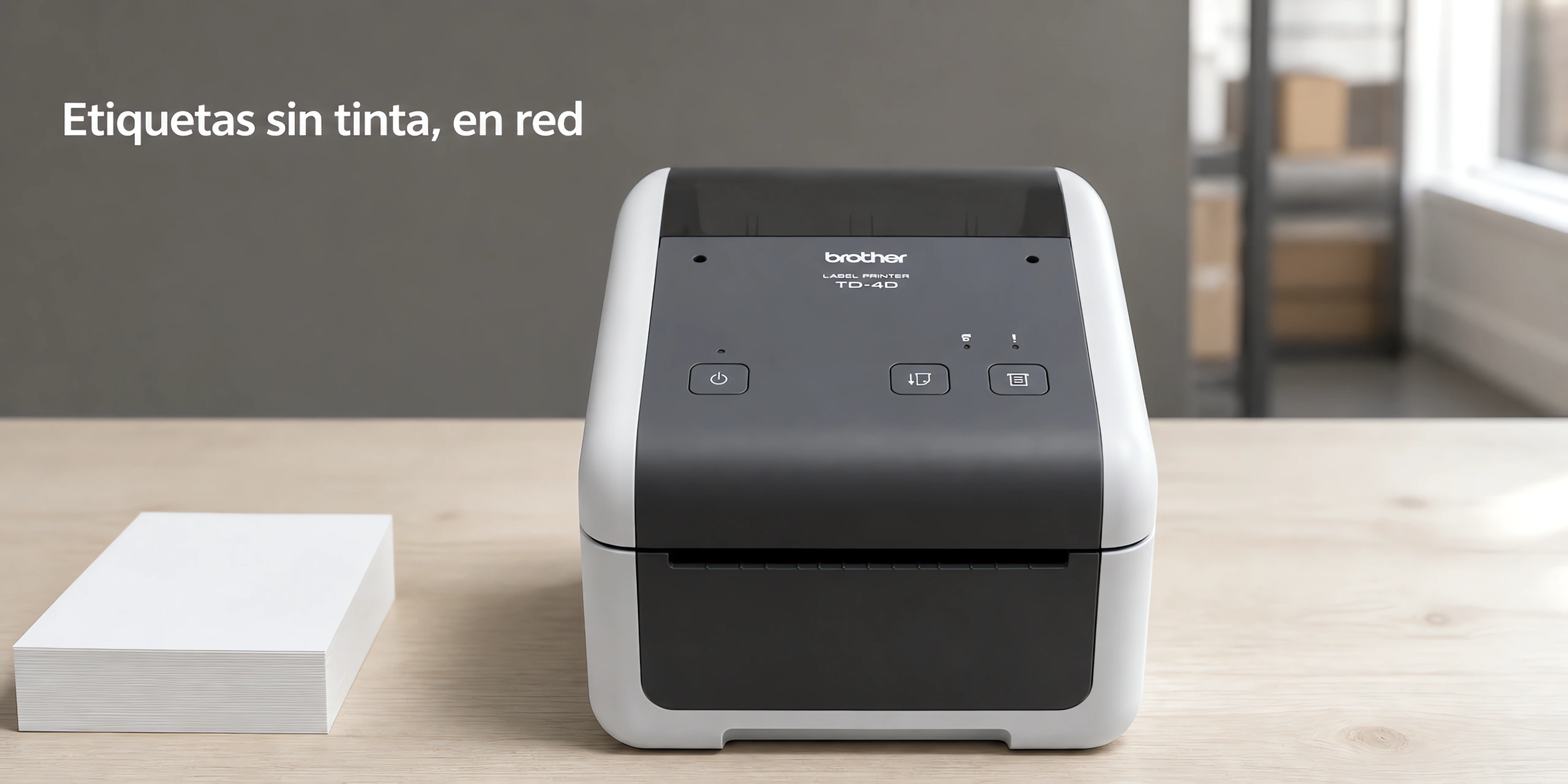 Impresora de etiquetas Brother TD-4420DN sobre un escritorio de roble claro en una oficina luminosa.