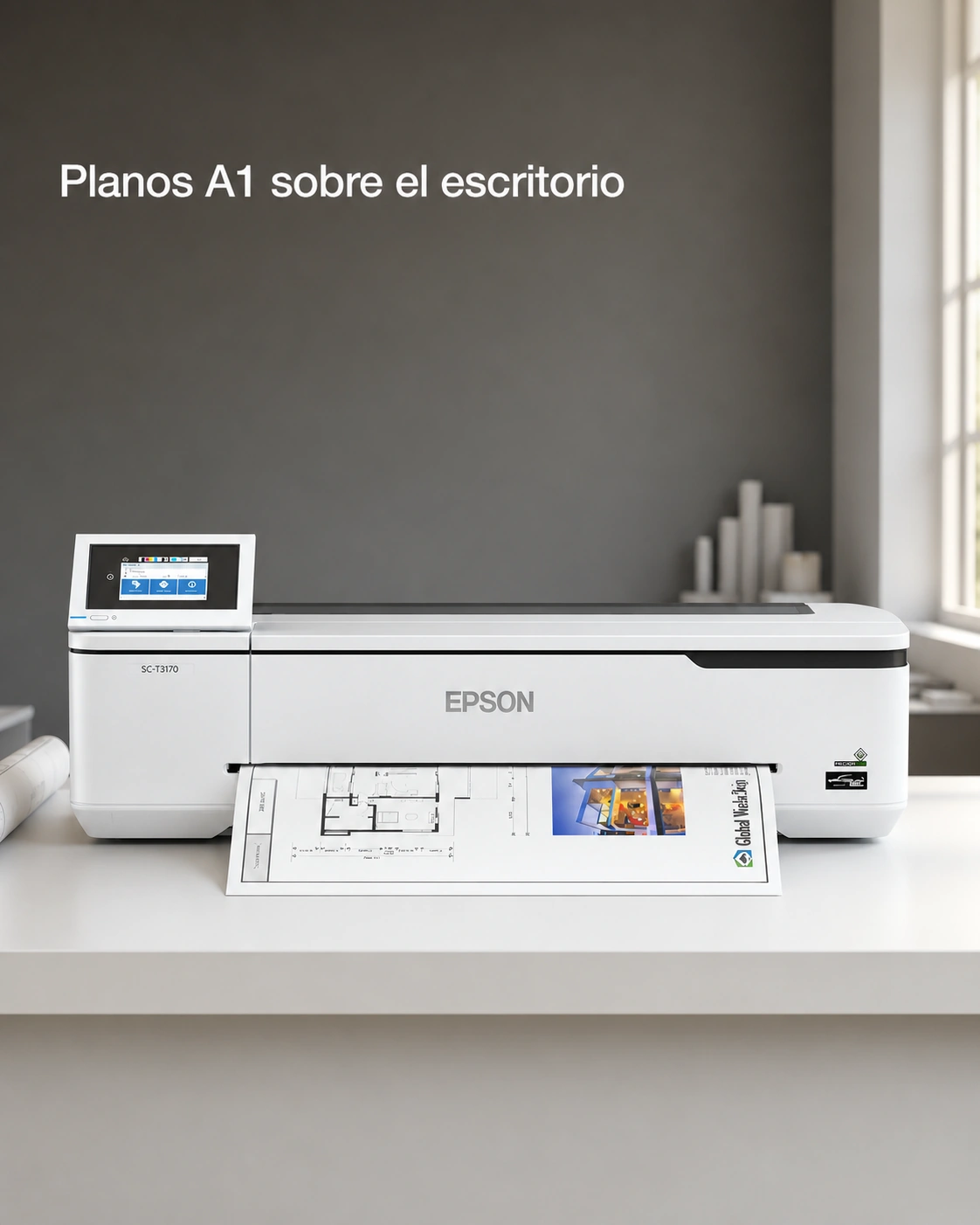Plotter Epson SureColor T3170 sobre un escritorio de roble claro, encuadre vertical.