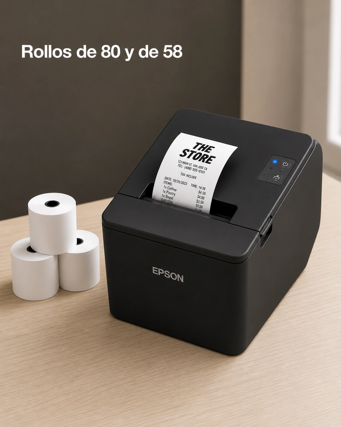 Impresora de tickets Epson TM-T20IV sobre un escritorio de roble claro, encuadre vertical.