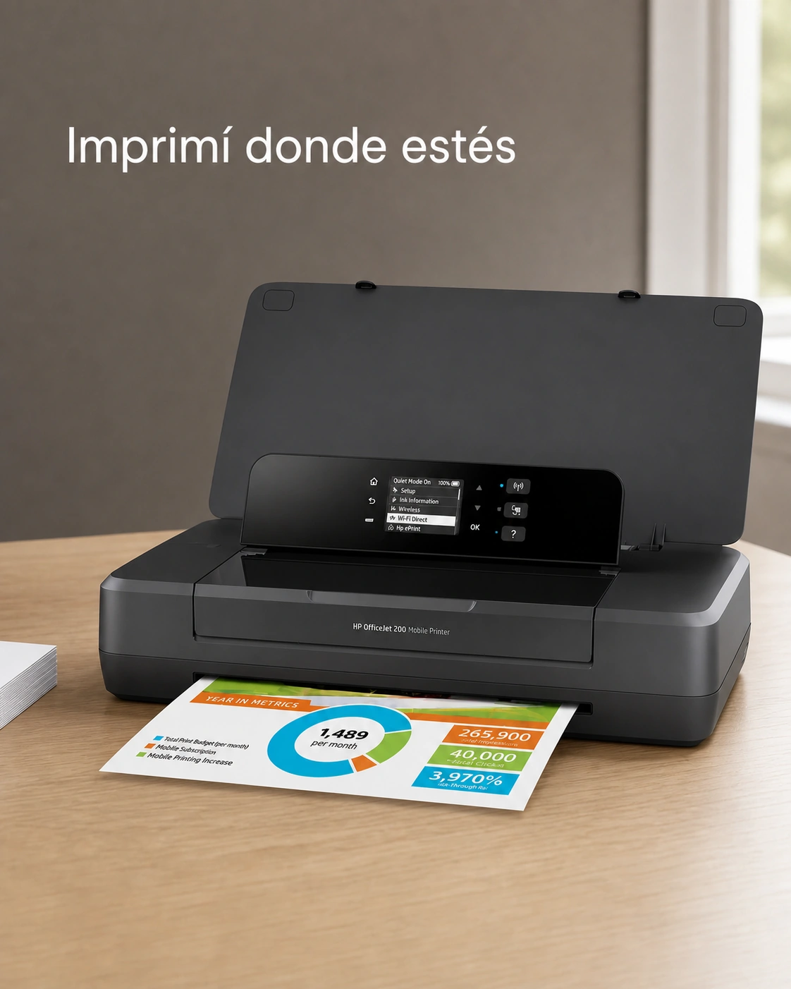 Impresora HP OfficeJet 200 Mobile sobre un escritorio de roble claro, encuadre vertical.