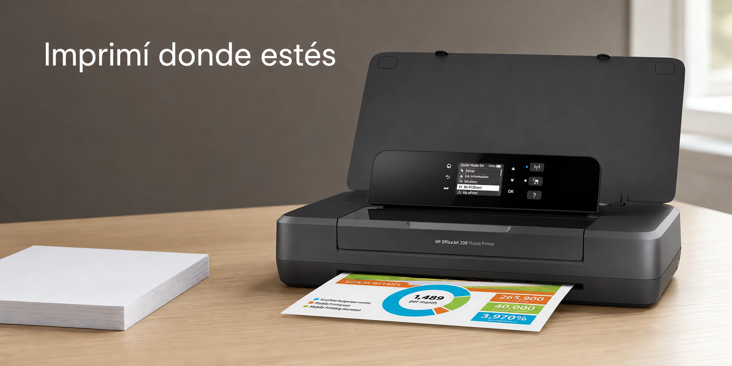 Impresora HP OfficeJet 200 Mobile sobre un escritorio de roble claro en una oficina luminosa.