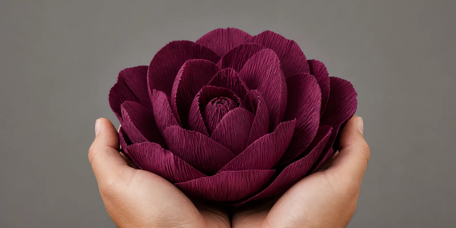Manos sosteniendo una flor grande de papel crepé bordo