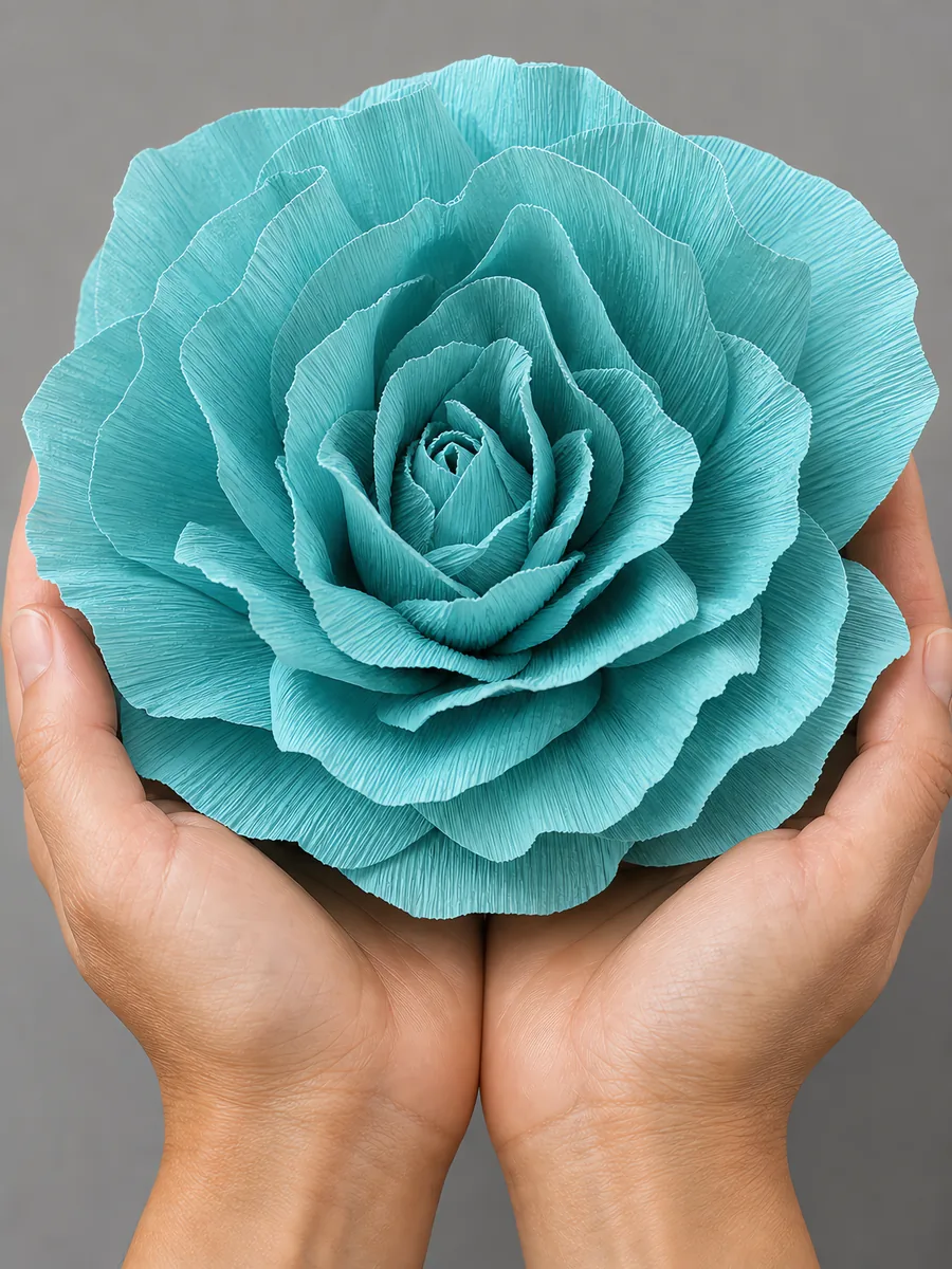 Manos sosteniendo una flor grande de papel crepé celeste pastel