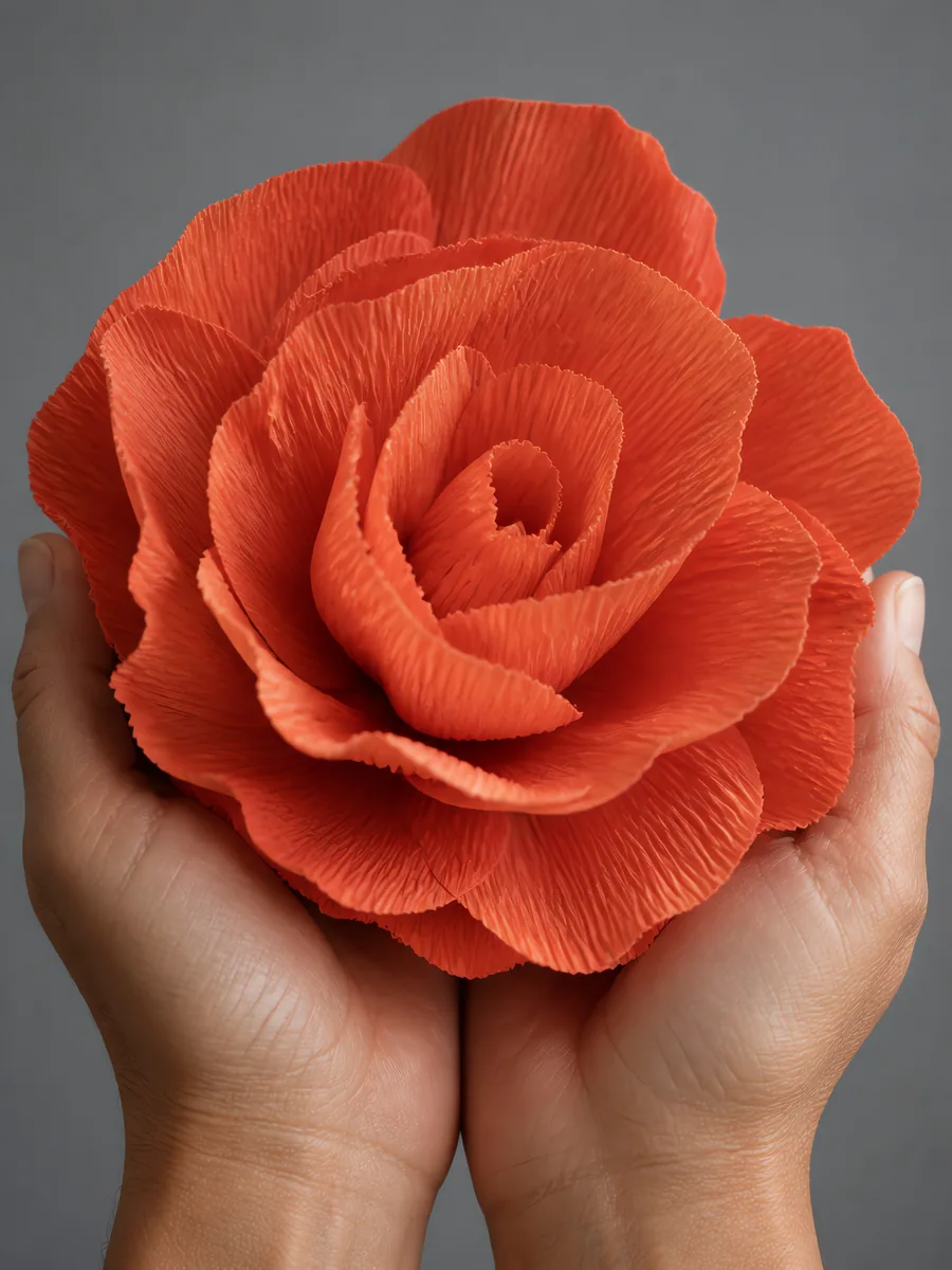 Manos sosteniendo una flor grande de papel crepé coral intenso