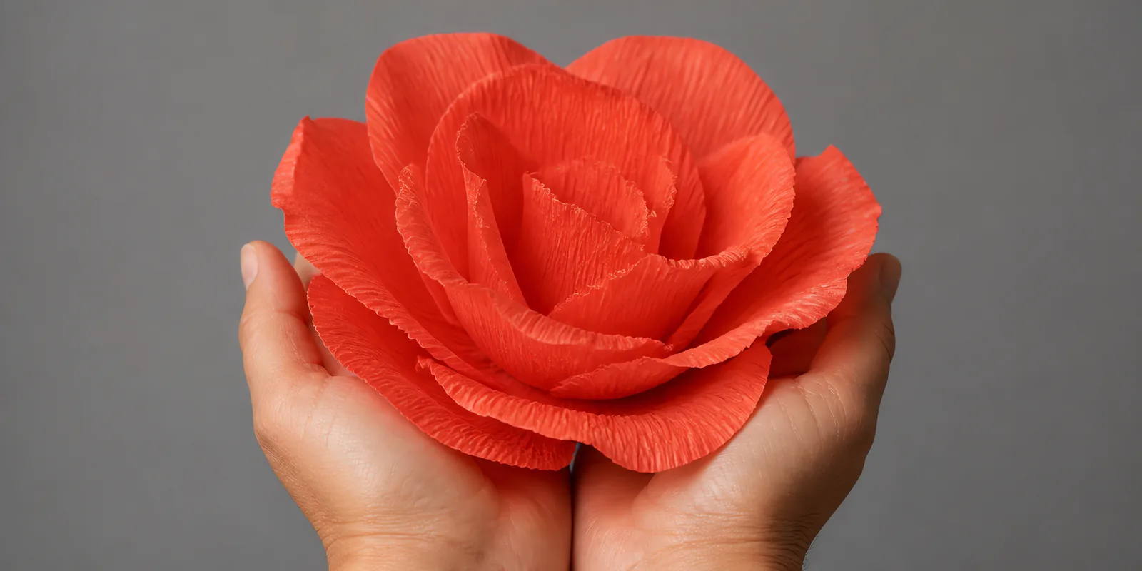 Manos sosteniendo una flor grande de papel crepé coral intenso
