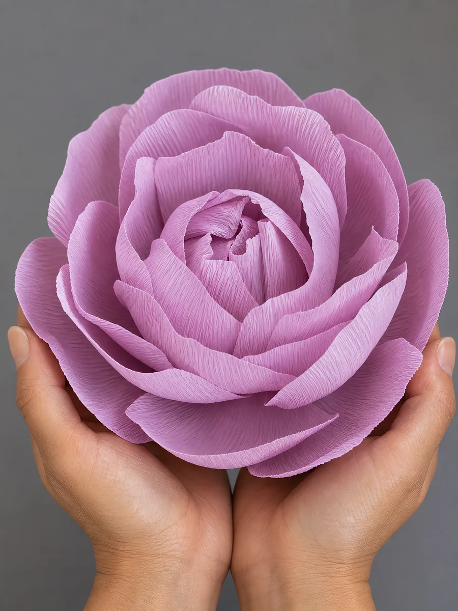 Manos sosteniendo una flor grande de papel crepé lila