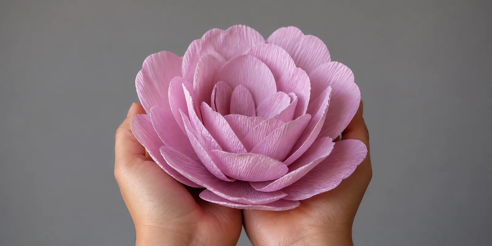Manos sosteniendo una flor grande de papel crepé lila