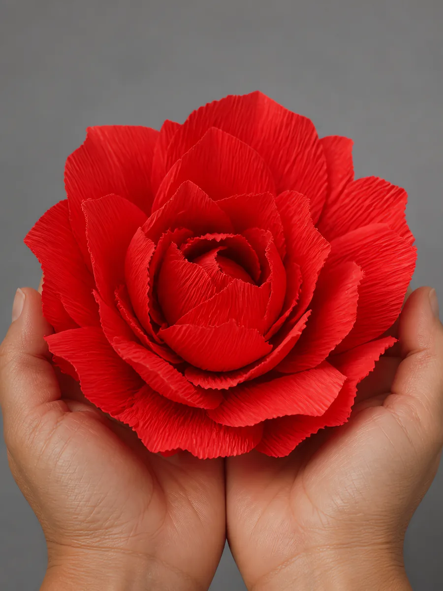 Manos sosteniendo una flor grande de papel crepé rojo