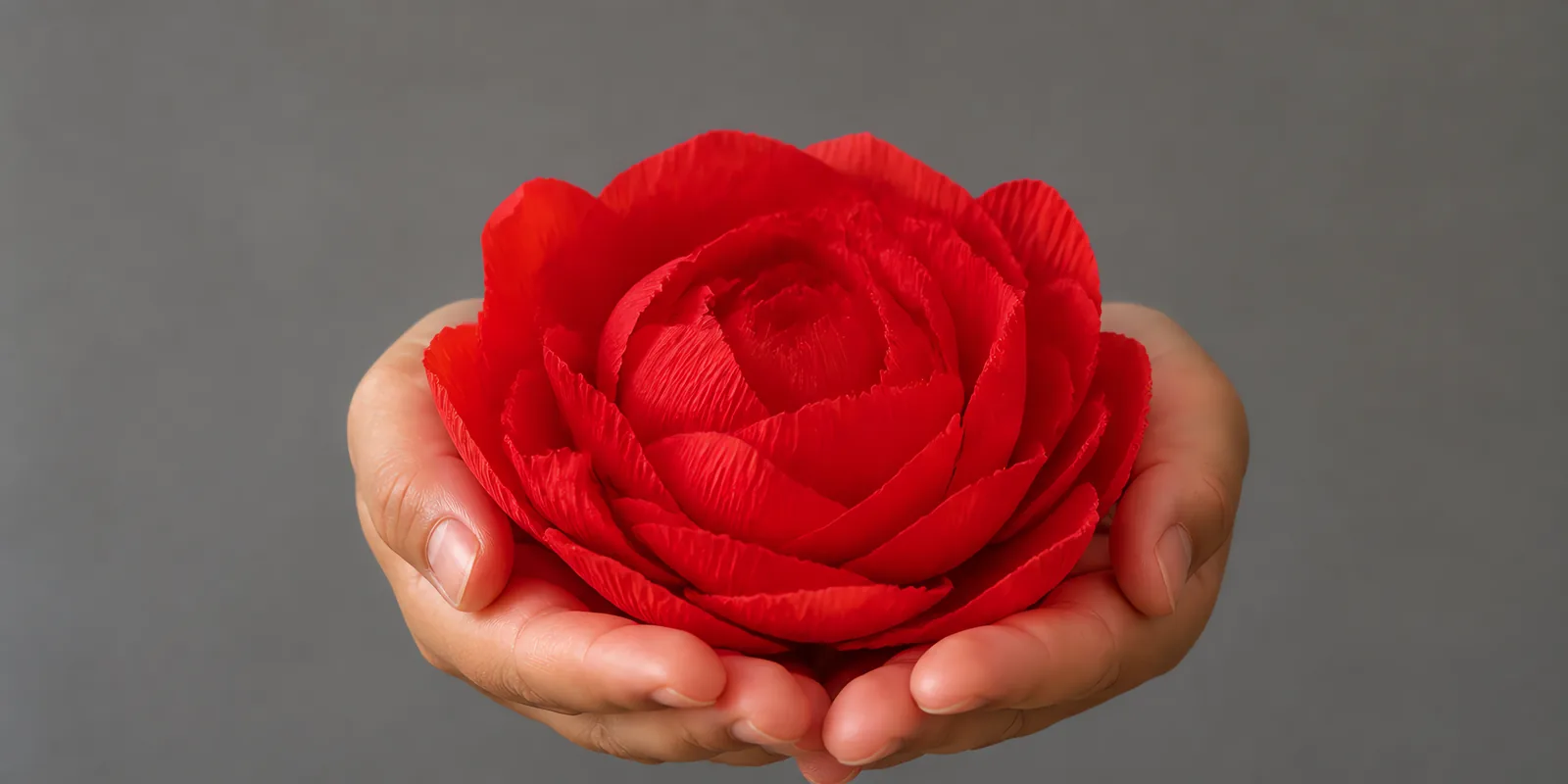Manos sosteniendo una flor grande de papel crepé rojo