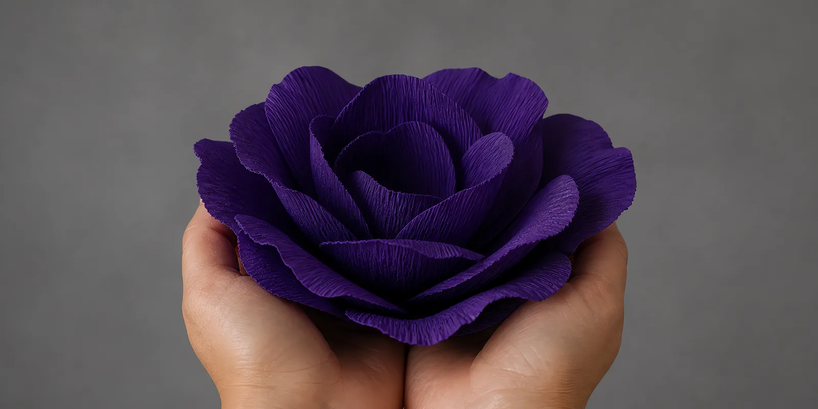 Manos sosteniendo una flor grande de papel crepé ultravioleta