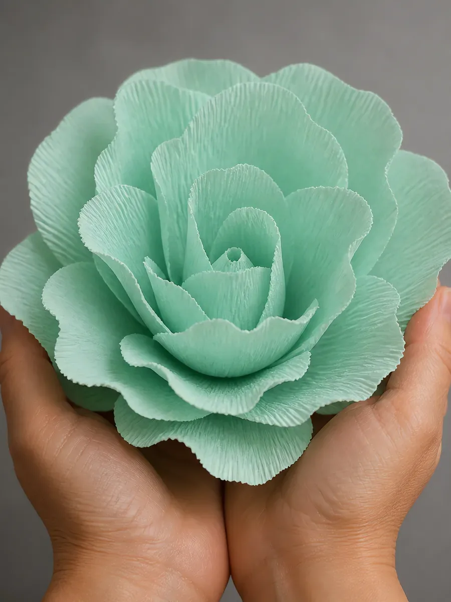Manos sosteniendo una flor grande de papel crepé verde agua