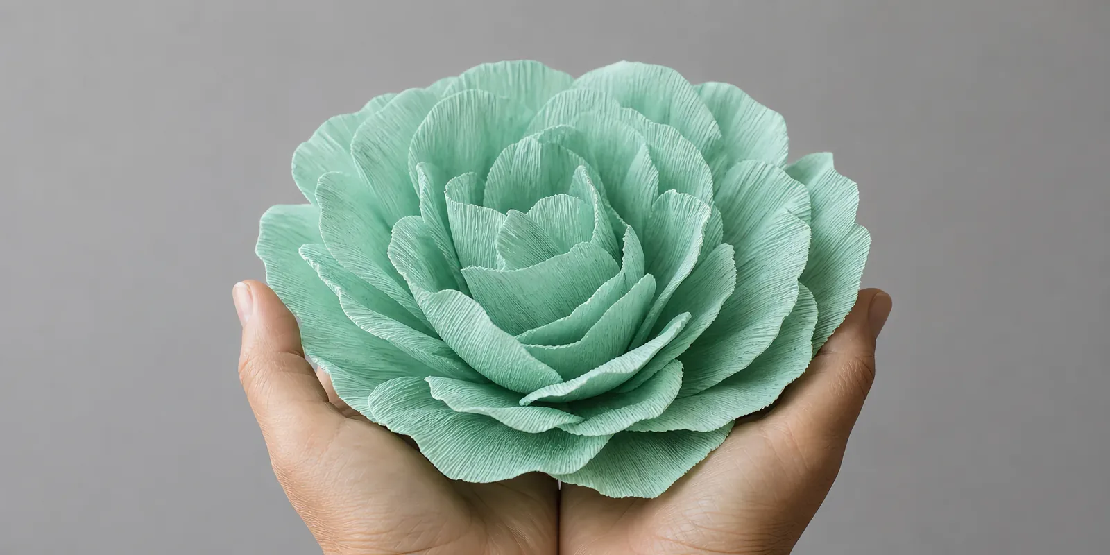 Manos sosteniendo una flor grande de papel crepé verde agua