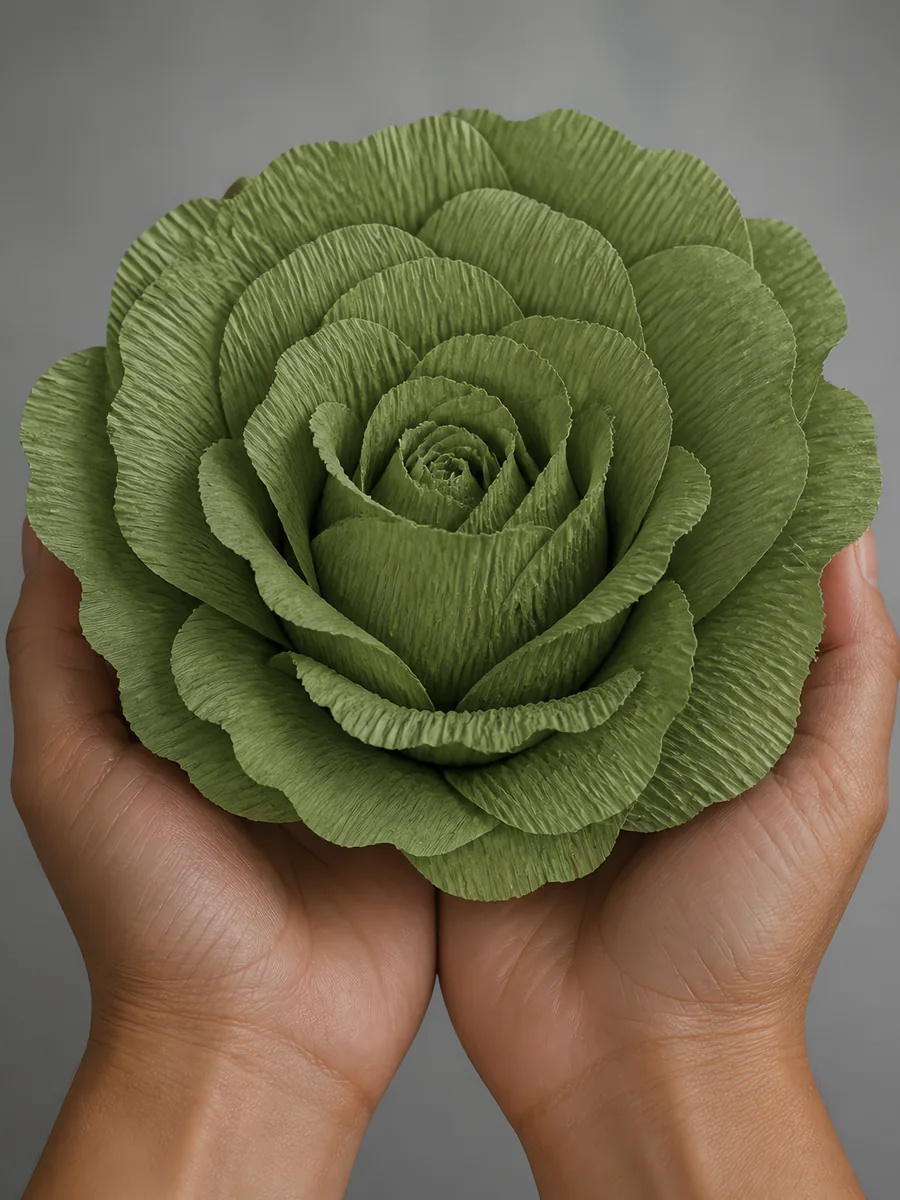 Manos sosteniendo una flor grande de papel crepé verde musgo