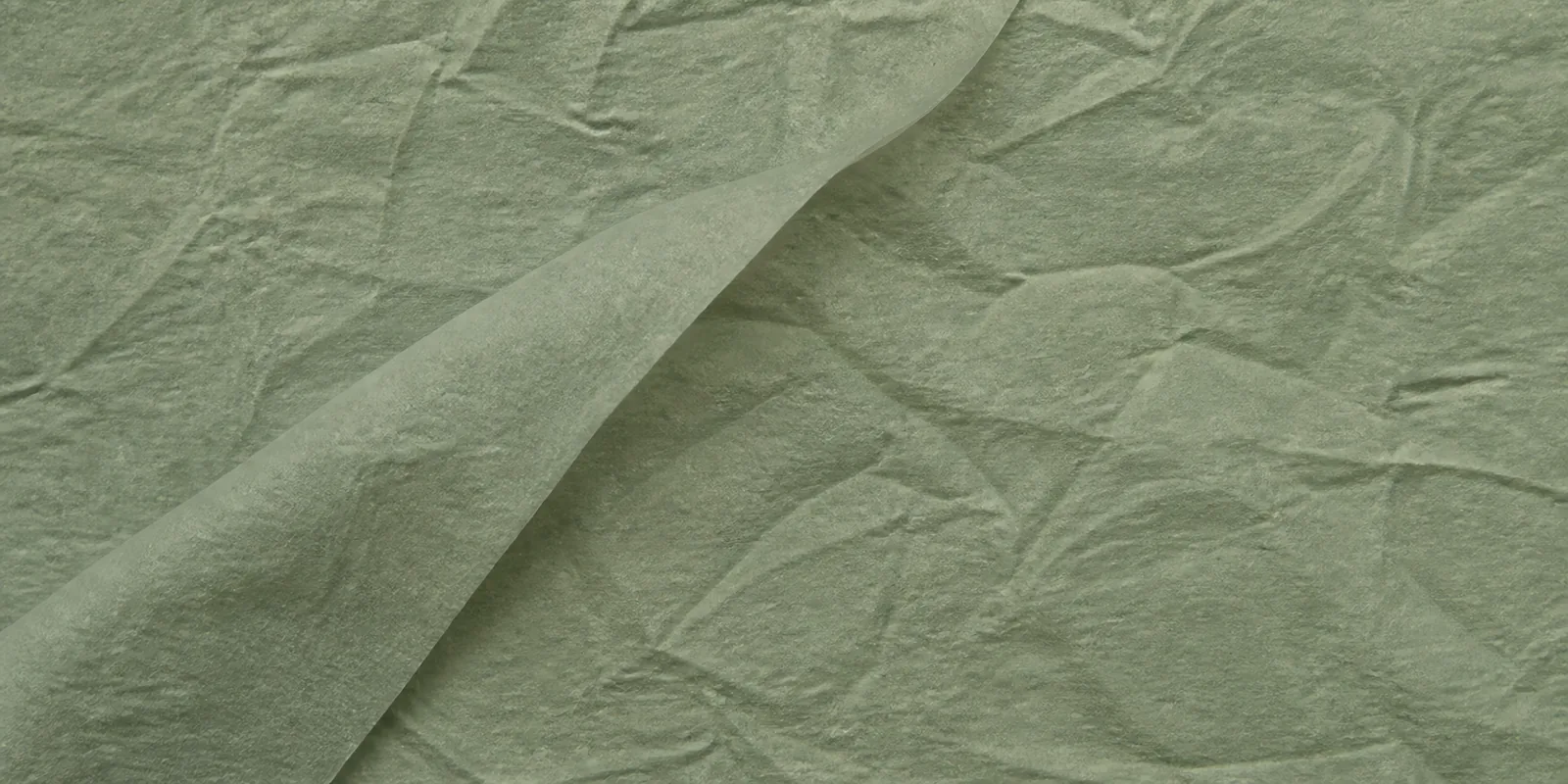 Textura del papel seda verde musgo, con sus arrugas finas y sus pliegues