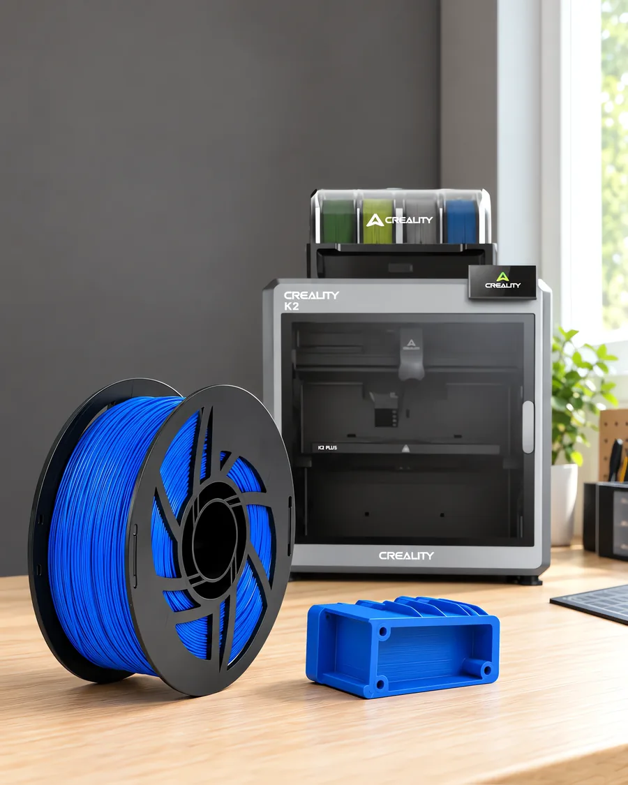 Carretel de filamento abs azul sobre una mesa de roble claro, con una impresora 3D detrás y una carcasa impresa en el mismo color al lado.