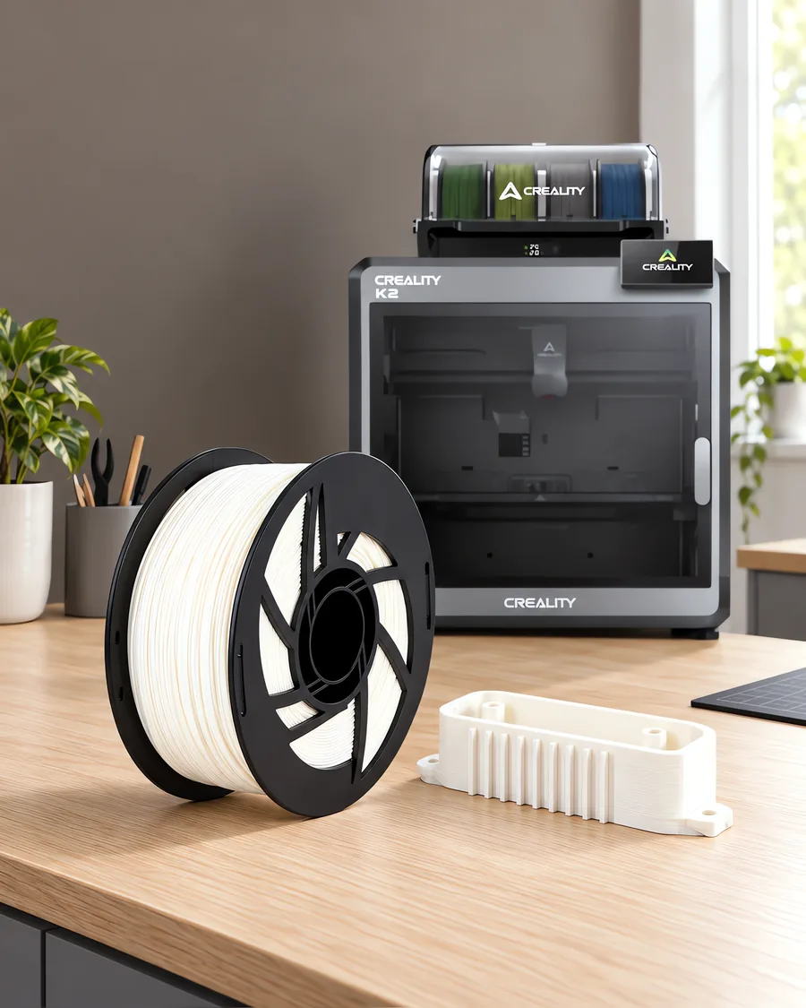 Carretel de filamento abs blanco sobre una mesa de roble claro, con una impresora 3D detrás y una carcasa impresa en el mismo color al lado.
