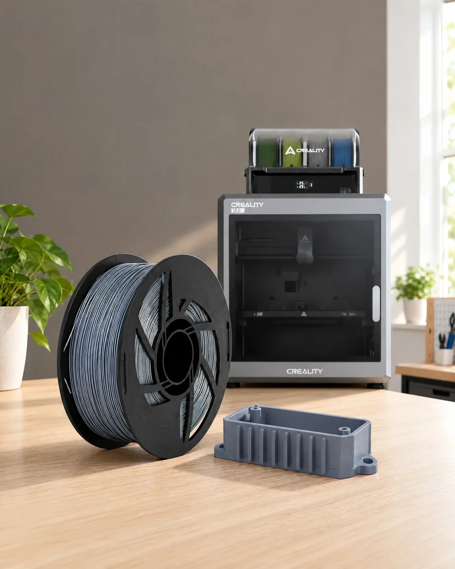 Carretel de filamento abs gris plata sobre una mesa de roble claro, con una impresora 3D detrás y una carcasa impresa en el mismo color al lado.