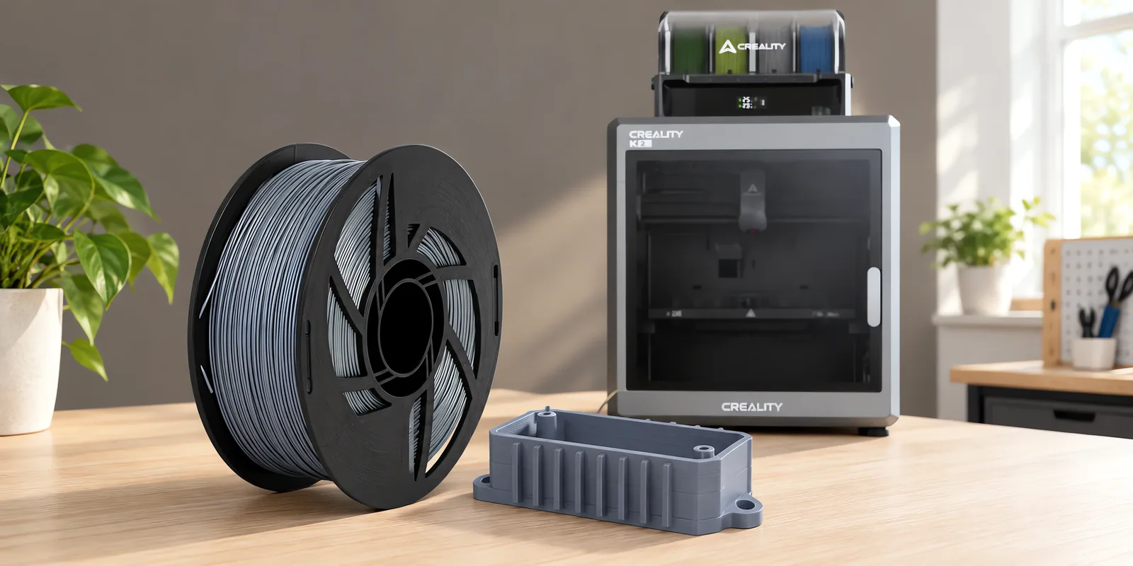 Carretel de filamento abs gris plata sobre una mesa de roble claro, con una impresora 3D detrás y una carcasa impresa en el mismo color al lado.