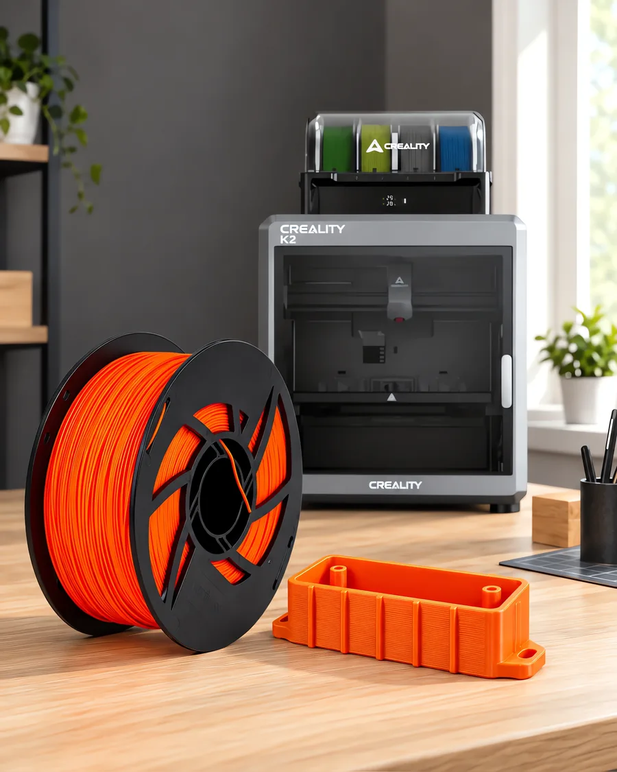 Carretel de filamento abs naranja fluo sobre una mesa de roble claro, con una impresora 3D detrás y una carcasa impresa en el mismo color al lado.