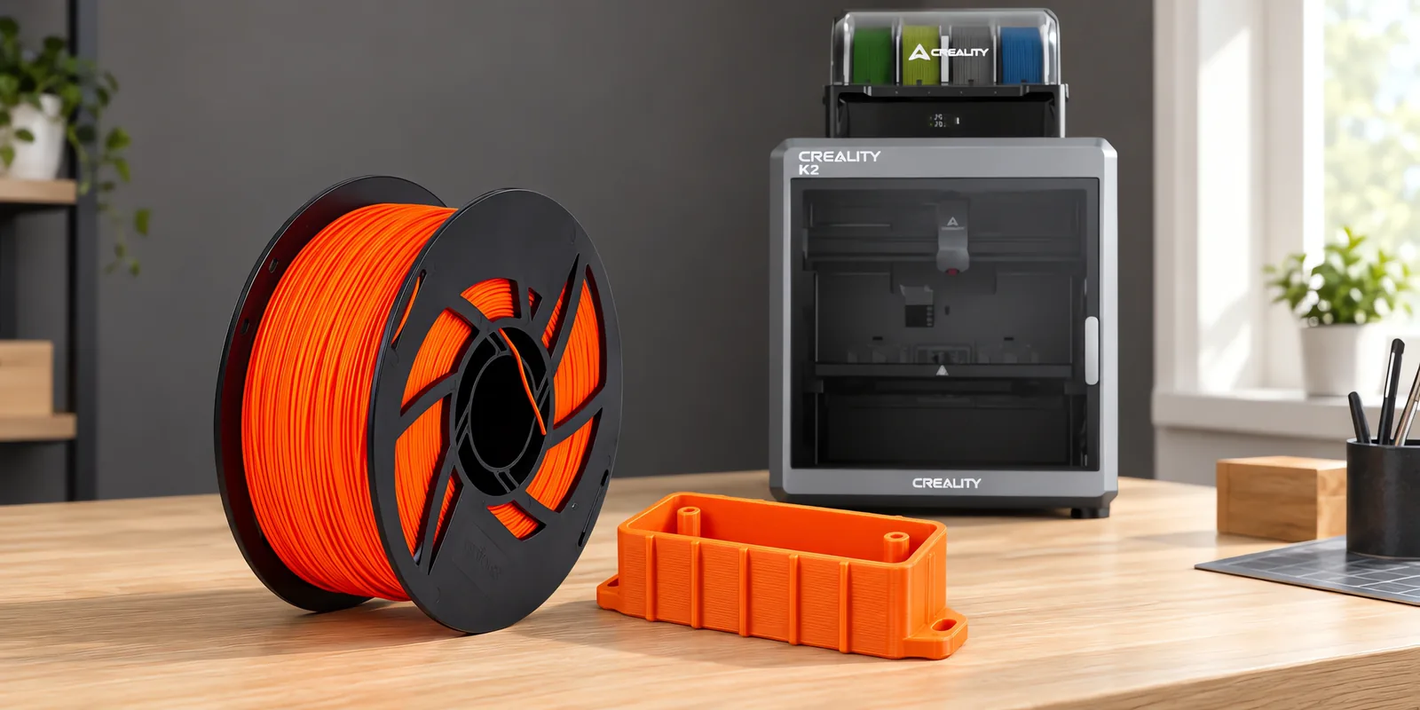 Carretel de filamento abs naranja fluo sobre una mesa de roble claro, con una impresora 3D detrás y una carcasa impresa en el mismo color al lado.