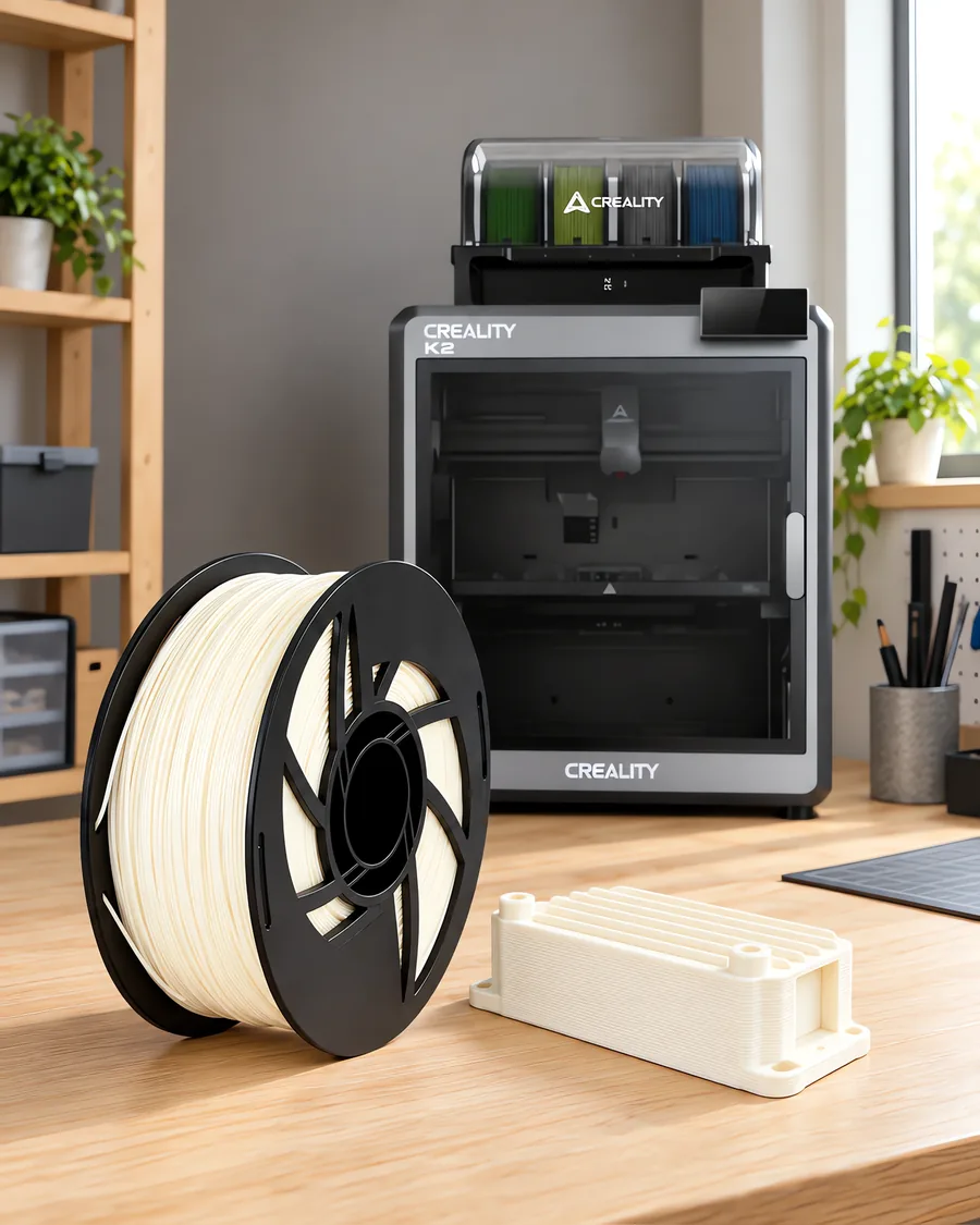 Carretel de filamento abs natural sobre una mesa de roble claro, con una impresora 3D detrás y una carcasa impresa en el mismo color al lado.