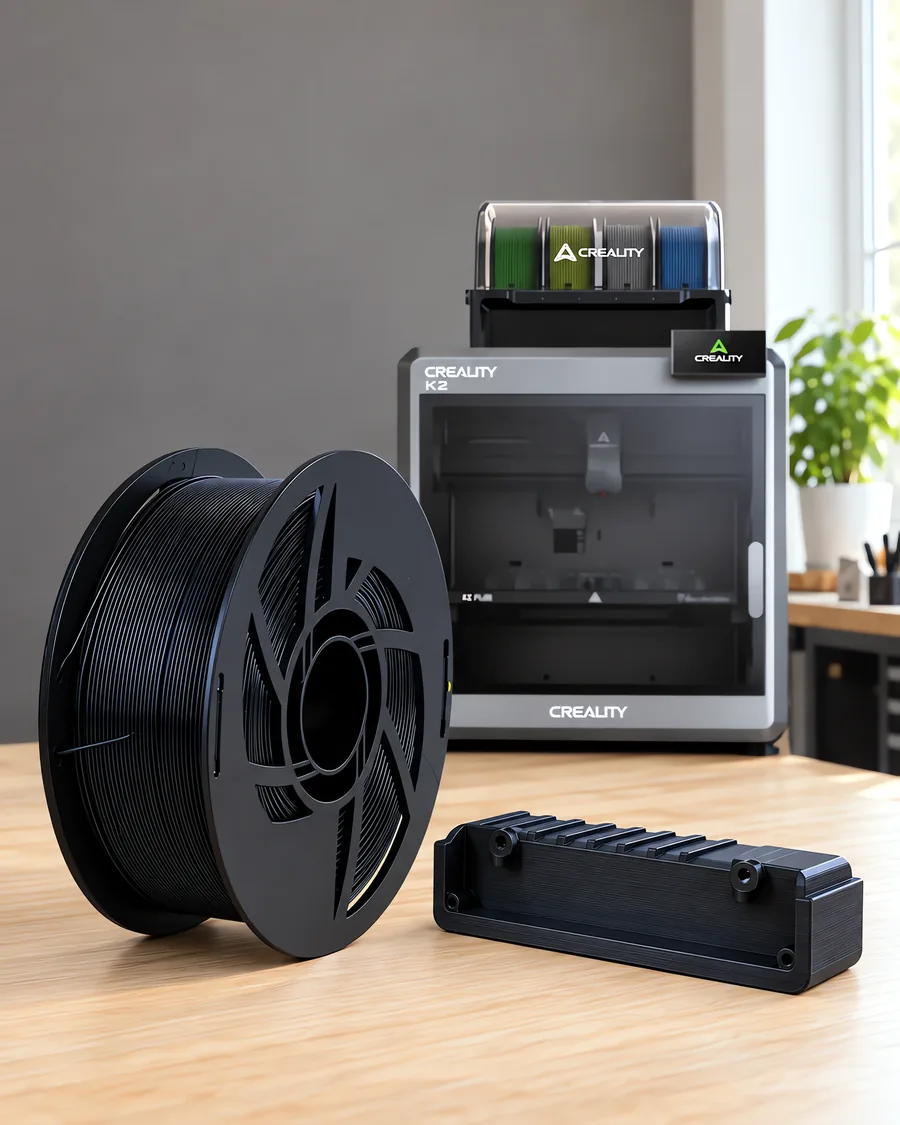 Carretel de filamento abs negro sobre una mesa de roble claro, con una impresora 3D detrás y una carcasa impresa en el mismo color al lado.