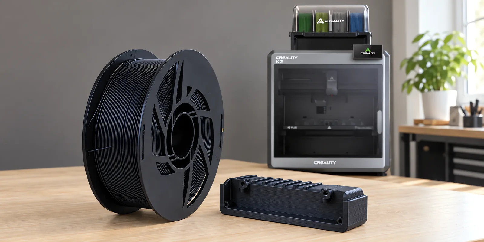 Carretel de filamento abs negro sobre una mesa de roble claro, con una impresora 3D detrás y una carcasa impresa en el mismo color al lado.