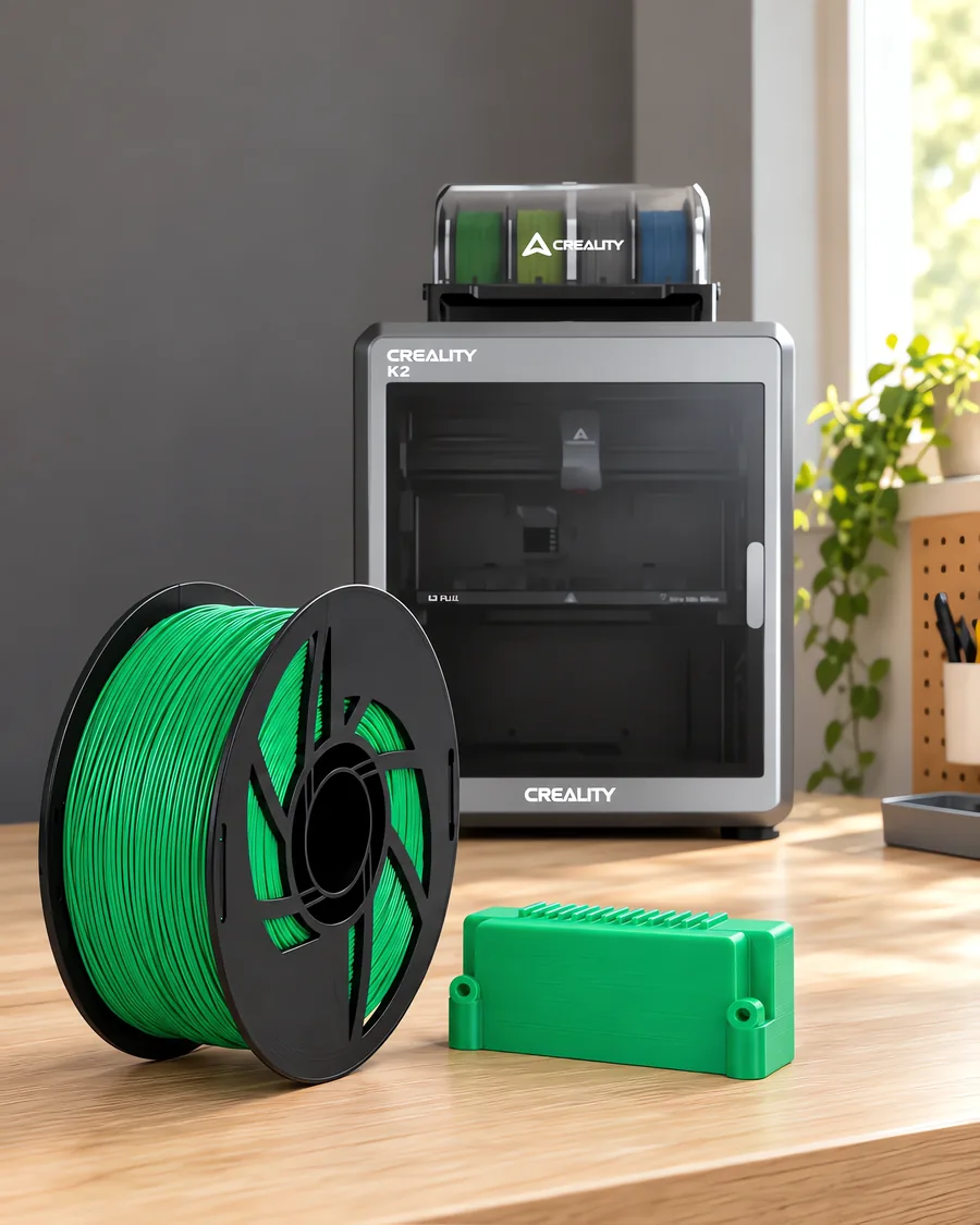 Carretel de filamento abs verde sobre una mesa de roble claro, con una impresora 3D detrás y una carcasa impresa en el mismo color al lado.