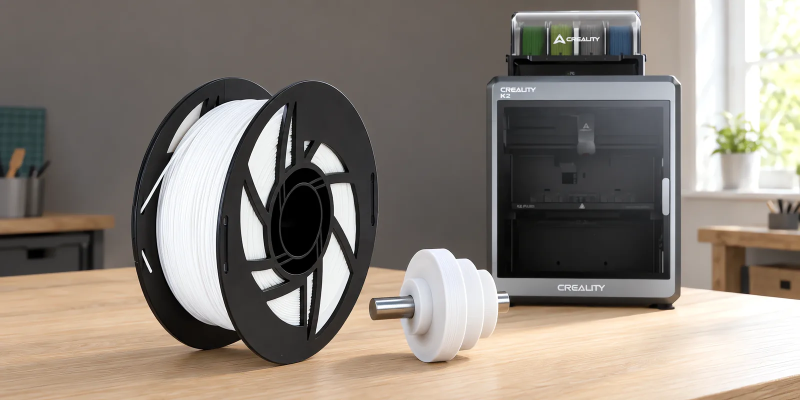 Carretel de filamento acetal blanco sobre una mesa de roble claro, con una impresora 3D detrás y una polea impresa en el mismo color al lado.